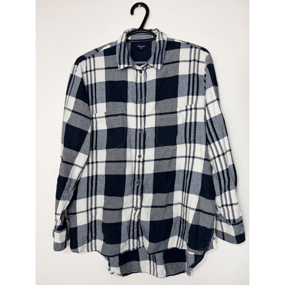 Madewell Navy Blue White Plaid Flannel Button Down Shirt Small Dual Pocket